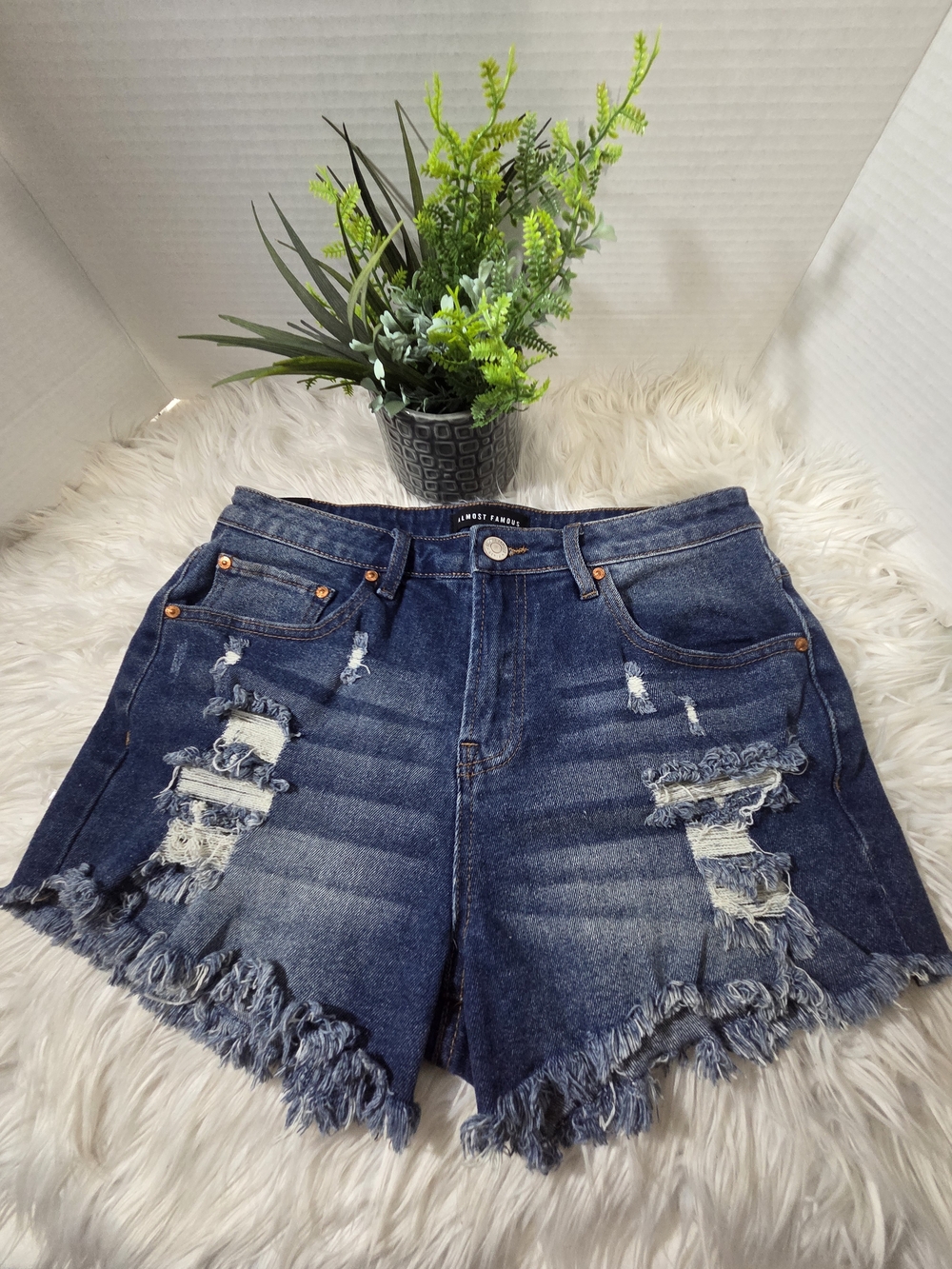 "Almost Famous" Dark Blue Distressed Denim Shorts, Size 9